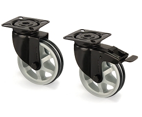 Apparaterolle in schwarz mit Anschraubplatte Aluminiumspeichen-Rad und Gleitlager sowohl mit als auch ohne Feststeller