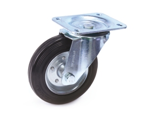 Transport castor with sheet steel rim and solid rubber tyres