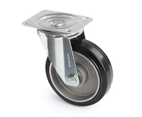 Swivel castor with solid rubber tyres in black and aluminium rim with ball bearing