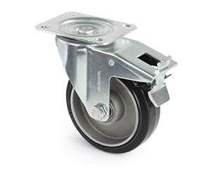 Zestaw kołowy skrętny z pełnym ogumieniem w kolorze czarnym i aluminiową obręczą z łożyskami kulkowymi i hamulcem całkowitym
