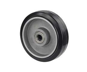 Solid rubber tyres in black with aluminium rims and ball bearings