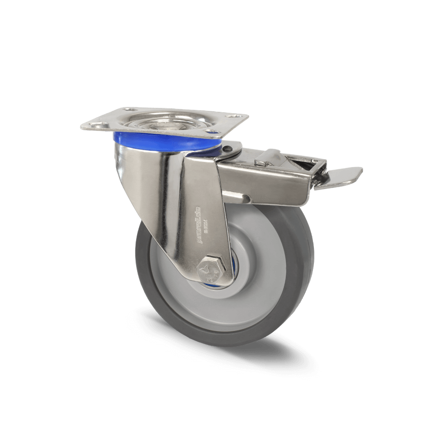 Stainless steel swivel castor with total locking device and ball bearing wheel
