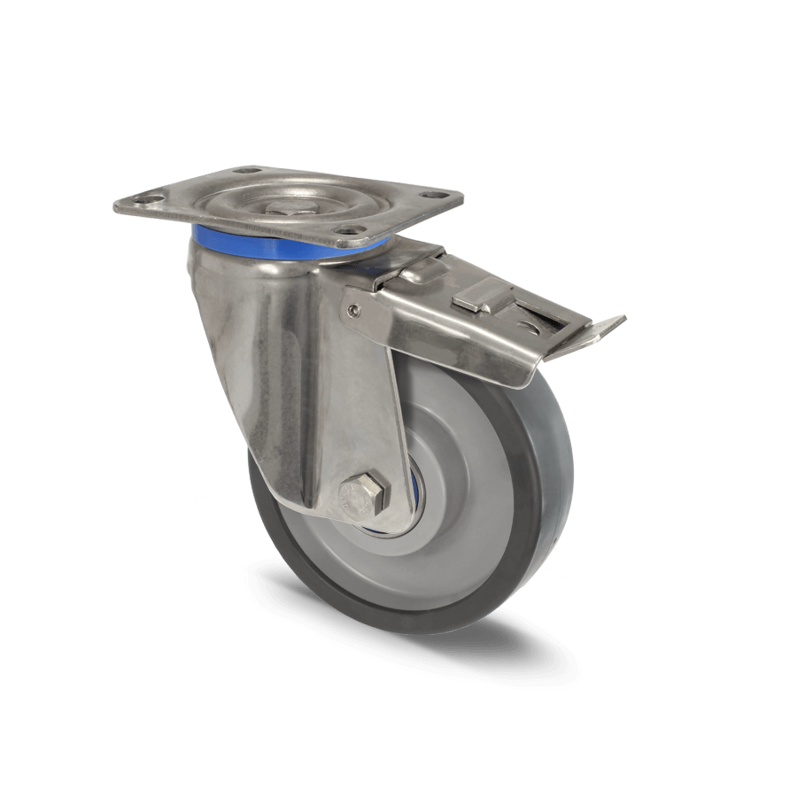 Stainless steel castor with total locking device and ball bearing wheel for loads up to 500kg